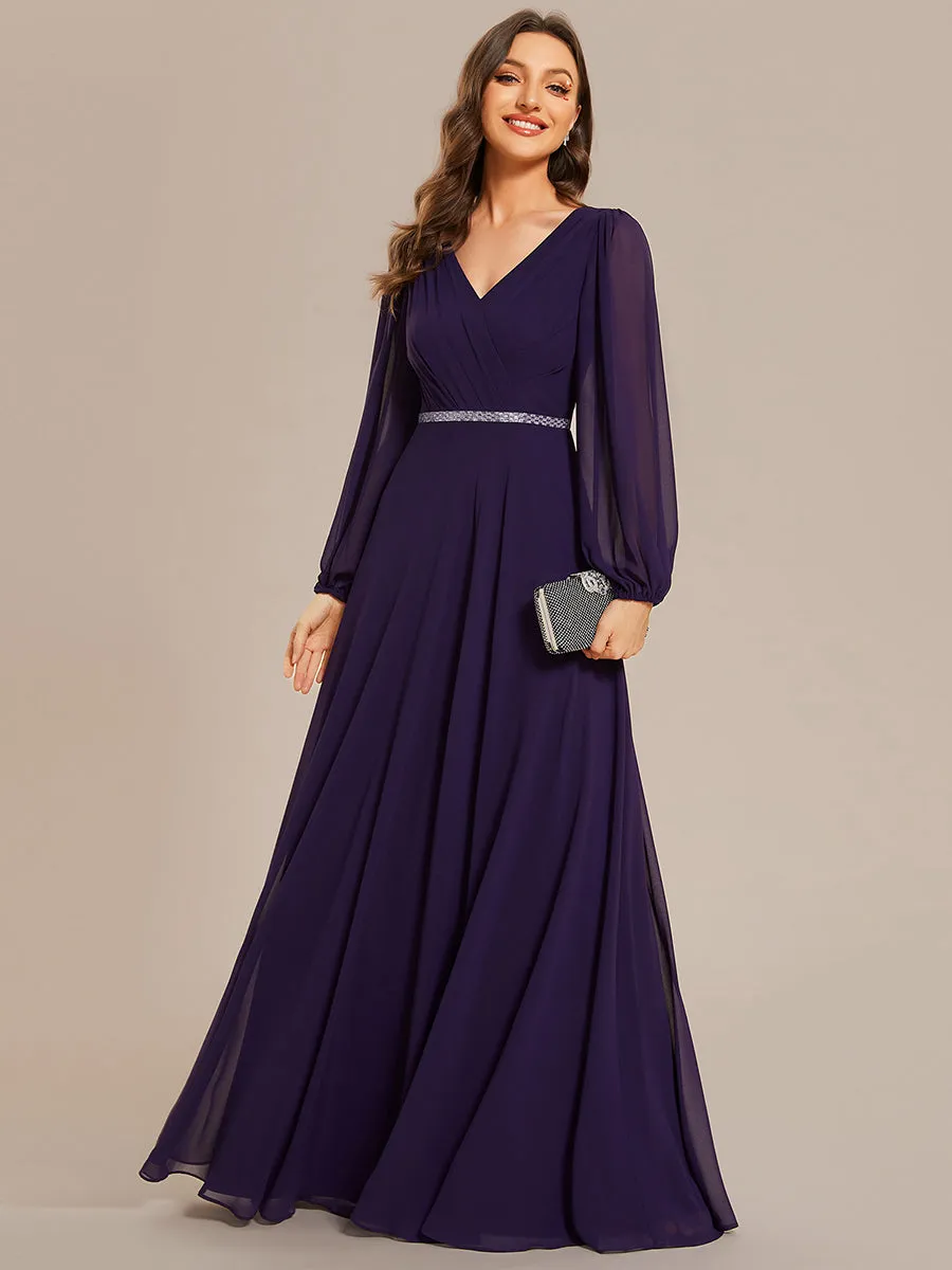 Elegant waisted chiffon V-neck long sleeve guest dress wholesale