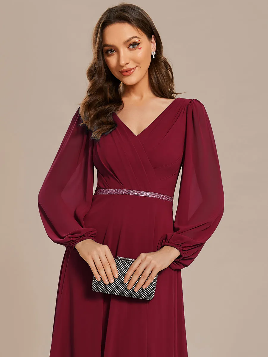 Elegant waisted chiffon V-neck long sleeve guest dress wholesale