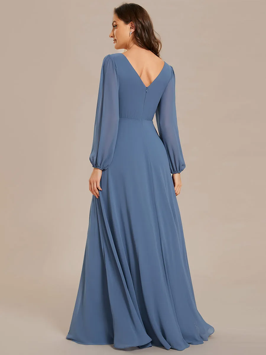 Elegant waisted chiffon V-neck long sleeve guest dress wholesale