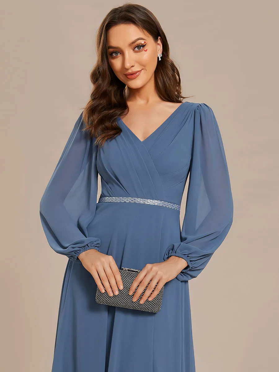 Elegant waisted chiffon V-neck long sleeve guest dress wholesale