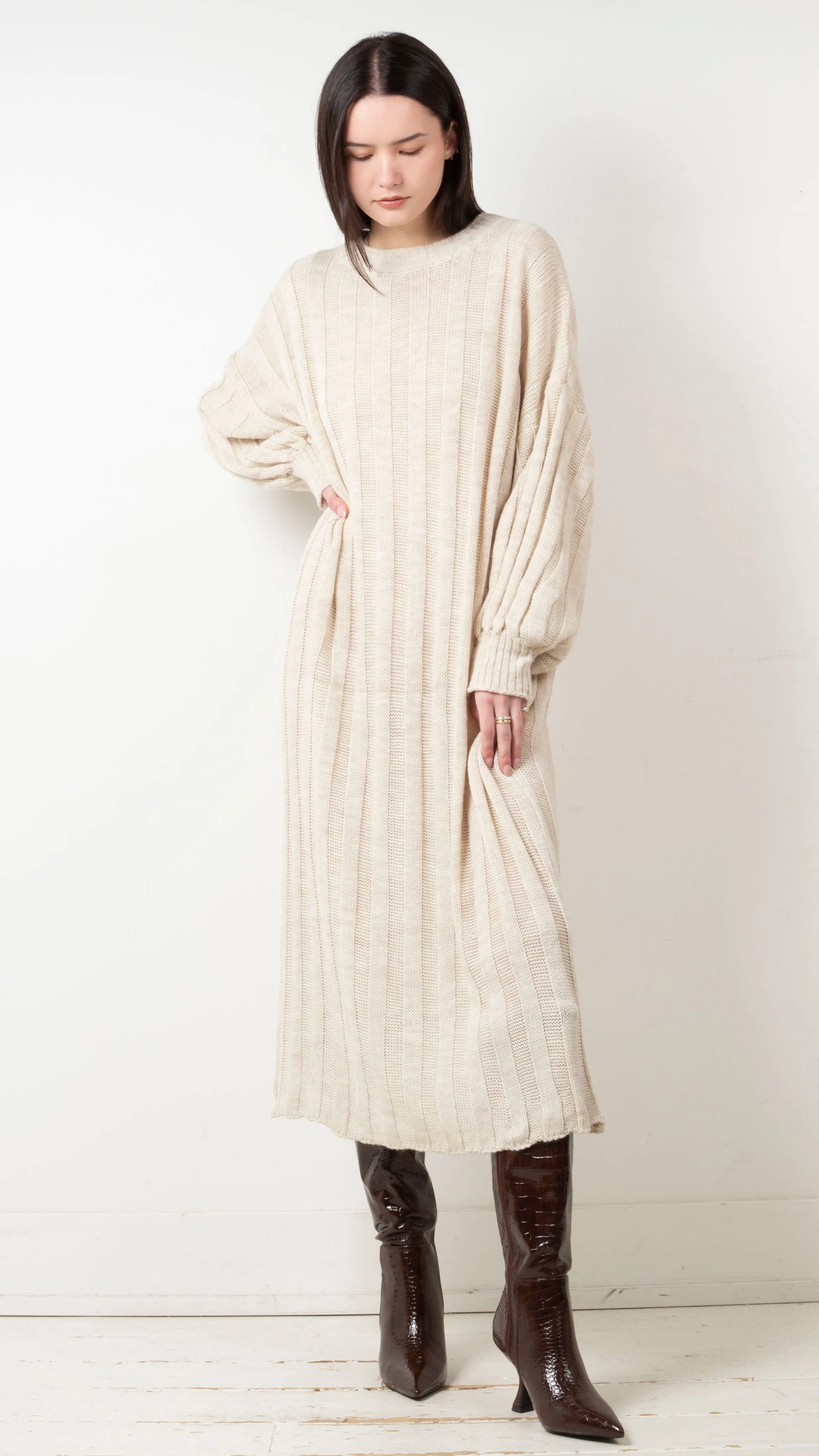 Elle Wide Ribbed Knit Maxi Dress - Beige