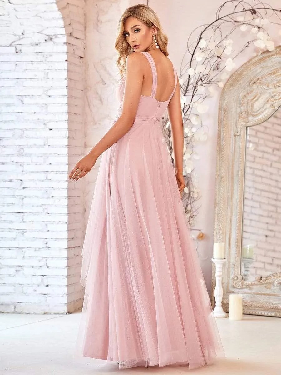 Floor Length Double V Neck Tulle Bridesmaid Dresses