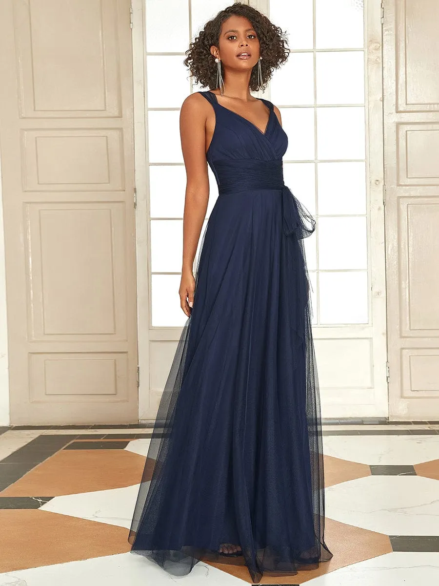 Floor Length Double V Neck Tulle Bridesmaid Dresses