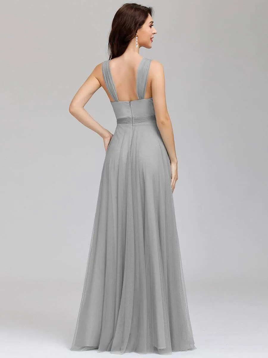 Floor Length Double V Neck Tulle Bridesmaid Dresses