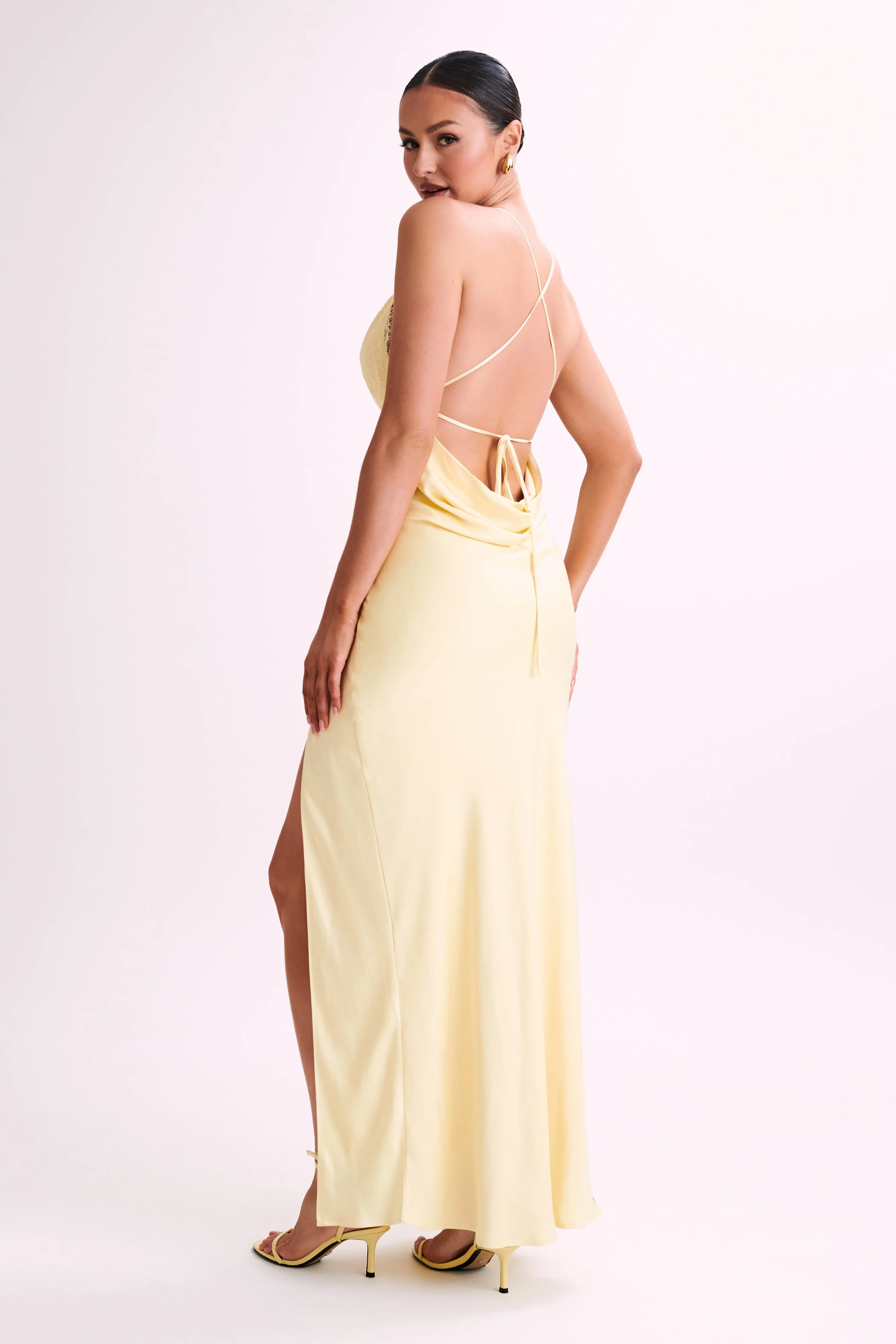 Gina Satin Slip Maxi Dress With Lace - Lemon