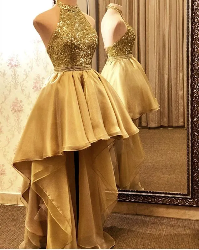 Gold High Low Sequin Organza Prom Dresses Halter Backless Formal Evening Party Gown Dress Robe De Soiree SA1678