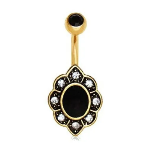 Gold Plated Elegant Black Floral Navel Ring