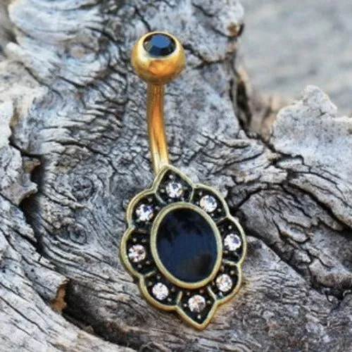 Gold Plated Elegant Black Floral Navel Ring