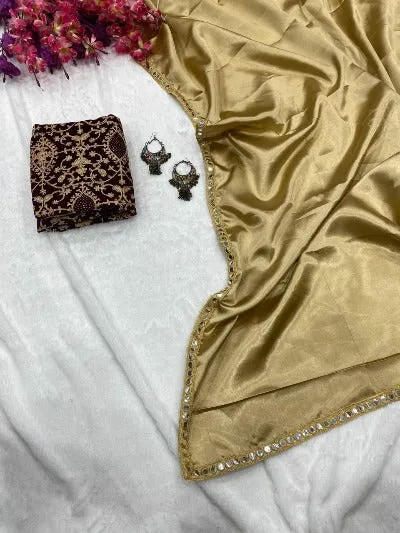 Golden Smooth Satin Silk Partywear Elegant Saree