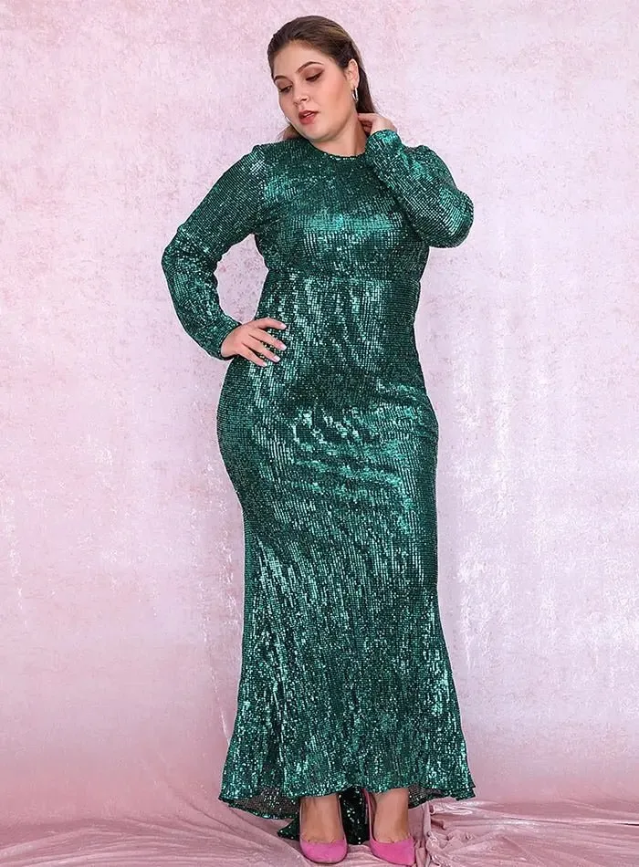 Green Elastic Pleated Sequins Fishtail Dress