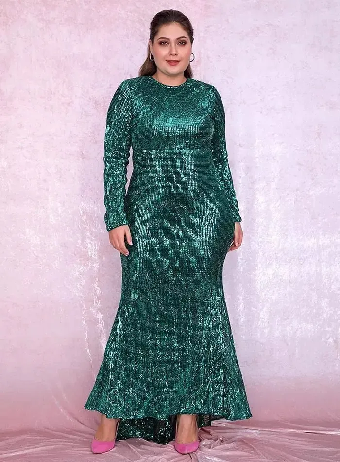 Green Elastic Pleated Sequins Fishtail Dress