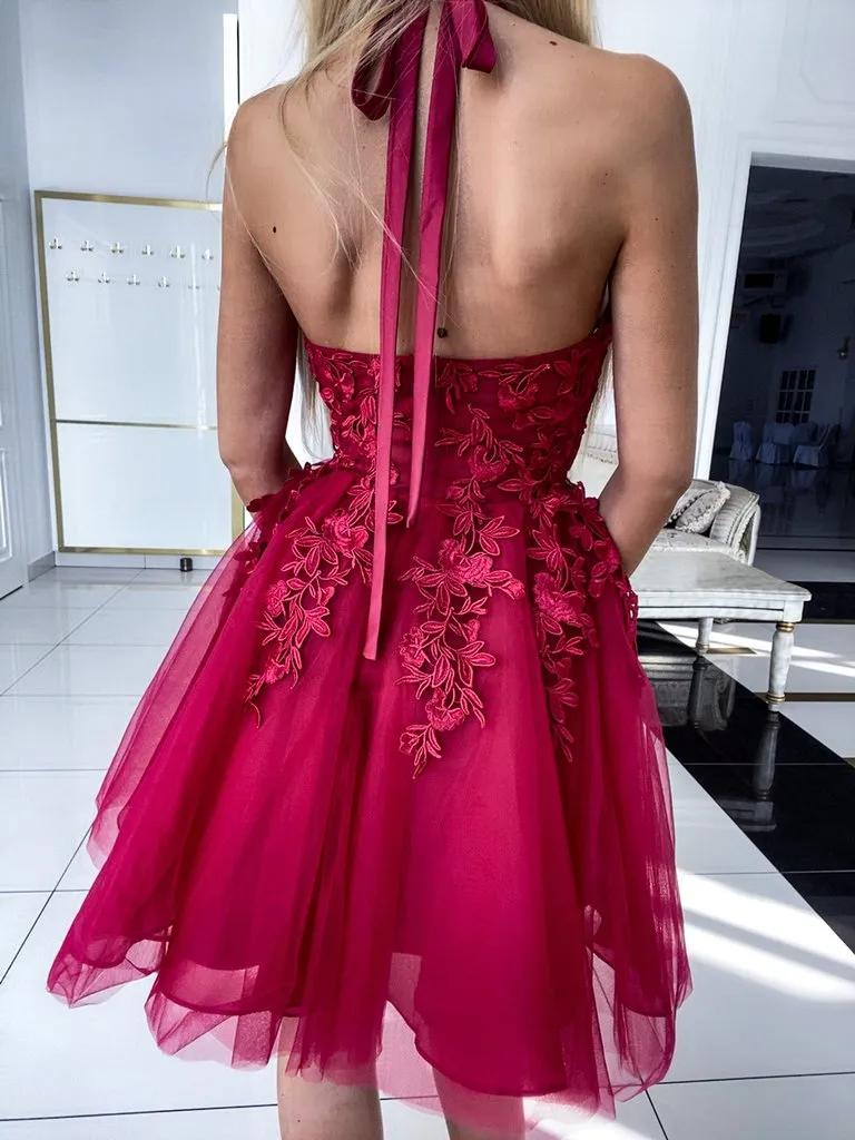 Halter Neck Backless Short Burgundy Lace Prom Dresses, Burgundy Lace Homecoming Dress SA688