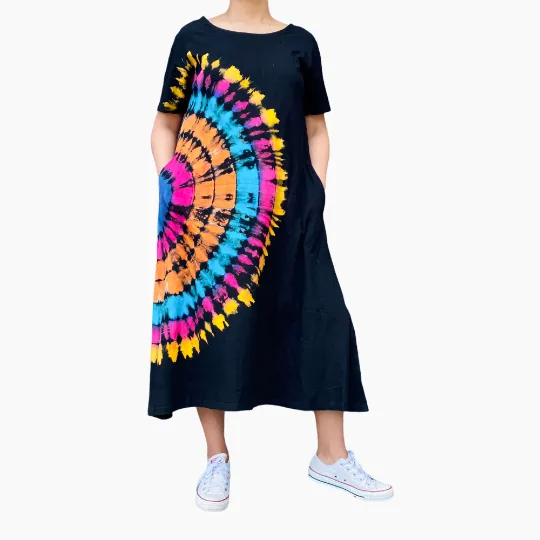 Hand Tyedye  Cotton Jersey Dress, Festival Maxi Dress,Boho Free Size Dress,Colorful Dress, Hippie Fashion,Sundress,Long Tiedye Loose Dress