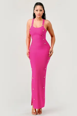 Hot Pink Brass Button Bandage Maxi Dress