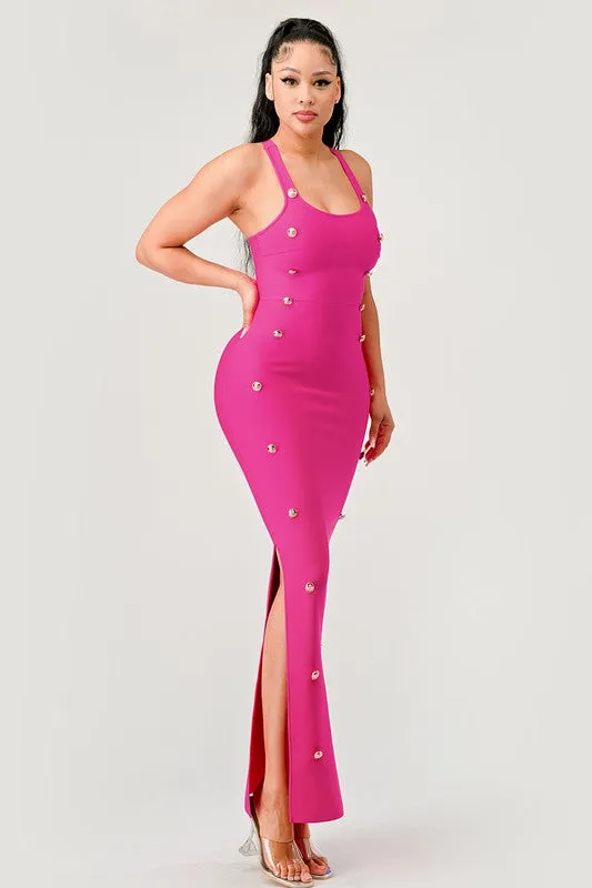 Hot Pink Brass Button Bandage Maxi Dress