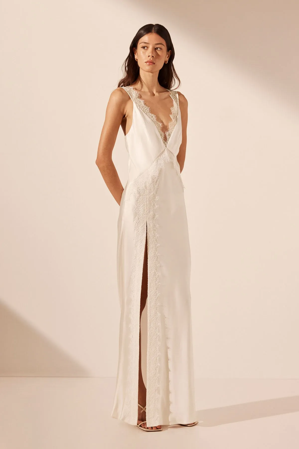 LA LUNE CUMULUS SILK LACE STRAP SPLIT MAXI DRESS - IVORY