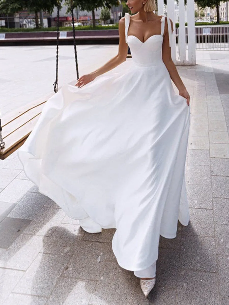 Lace-up Elegant Hanging Shoulder White Long Gown