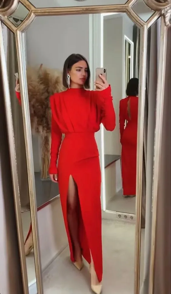 Long Evening Dresses Long Sleeves Red Prom Dress SH469