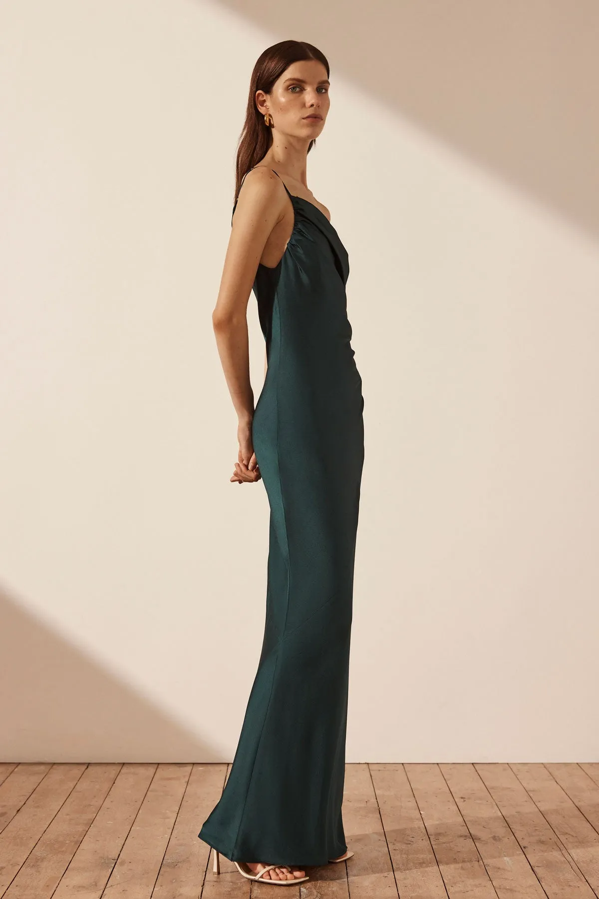 LUXE ASYMMETRICAL GATHERED MAXI DRESS - EMERALD