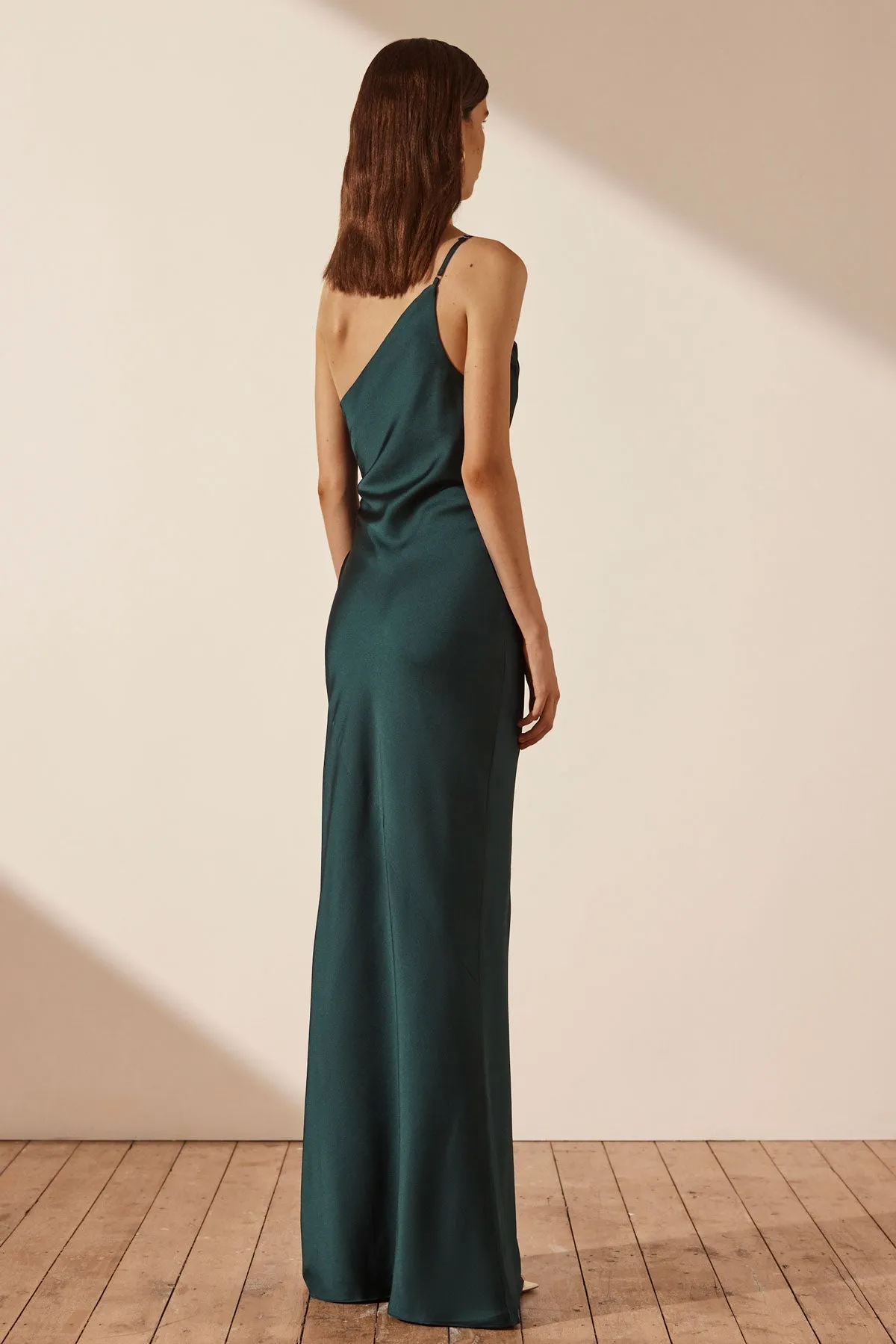 LUXE ASYMMETRICAL GATHERED MAXI DRESS - EMERALD