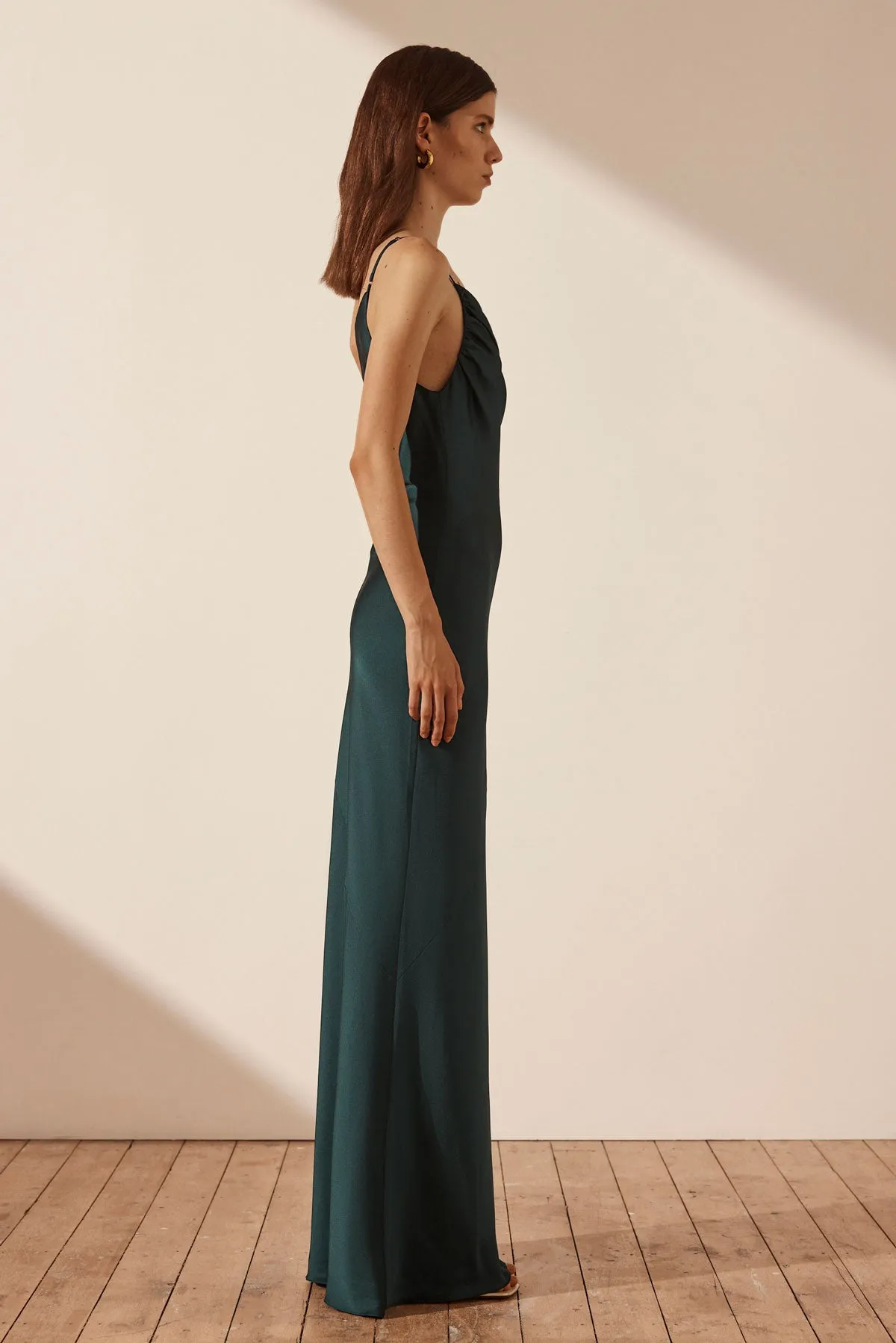 LUXE ASYMMETRICAL GATHERED MAXI DRESS - EMERALD