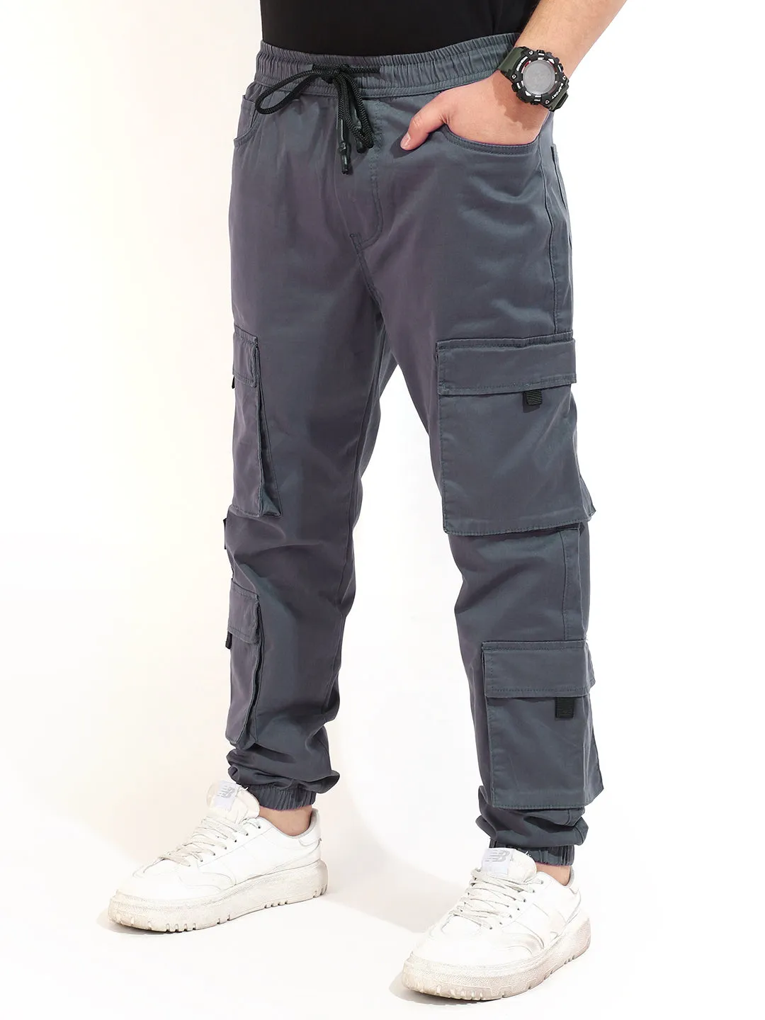 Medium Grey Cotton Twill Baggy Fit 8 Pocket Cotton Cargo