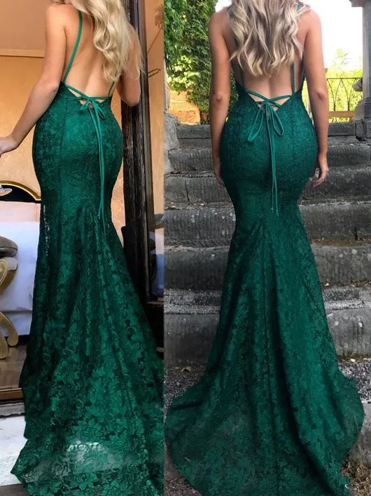 Mermaid Dark Green Prom Dress, Lace Long Prom Dresses, Spaghetti Straps Backless Prom Dress 0643