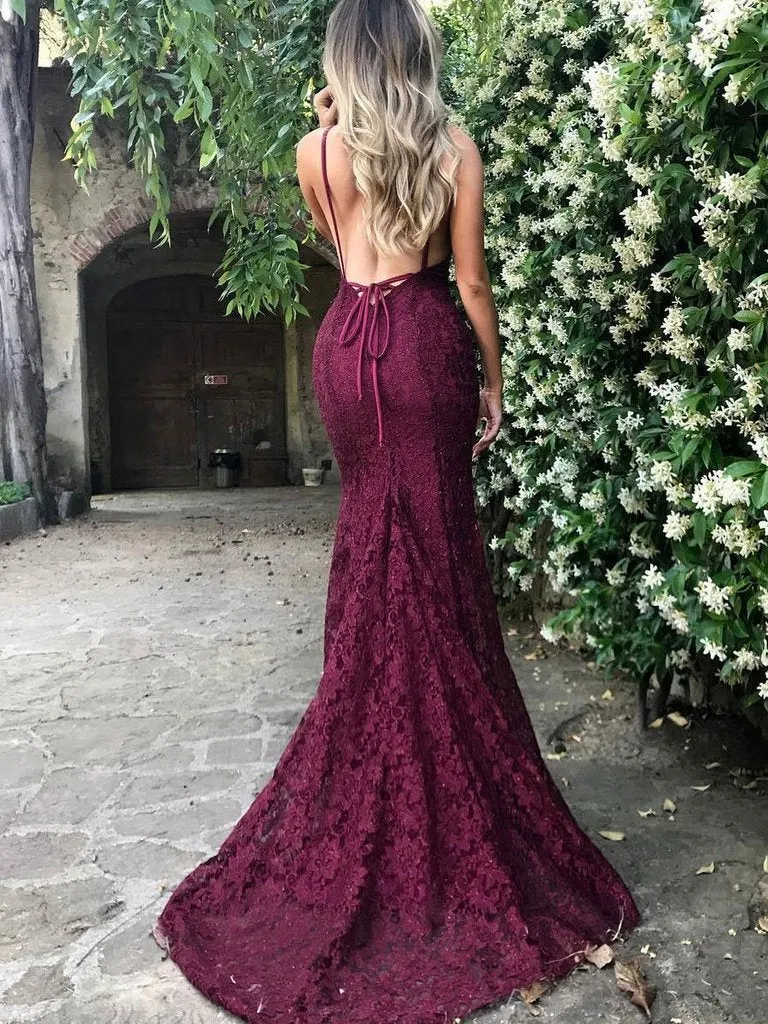 Mermaid Dark Green Prom Dress, Lace Long Prom Dresses, Spaghetti Straps Backless Prom Dress 0643