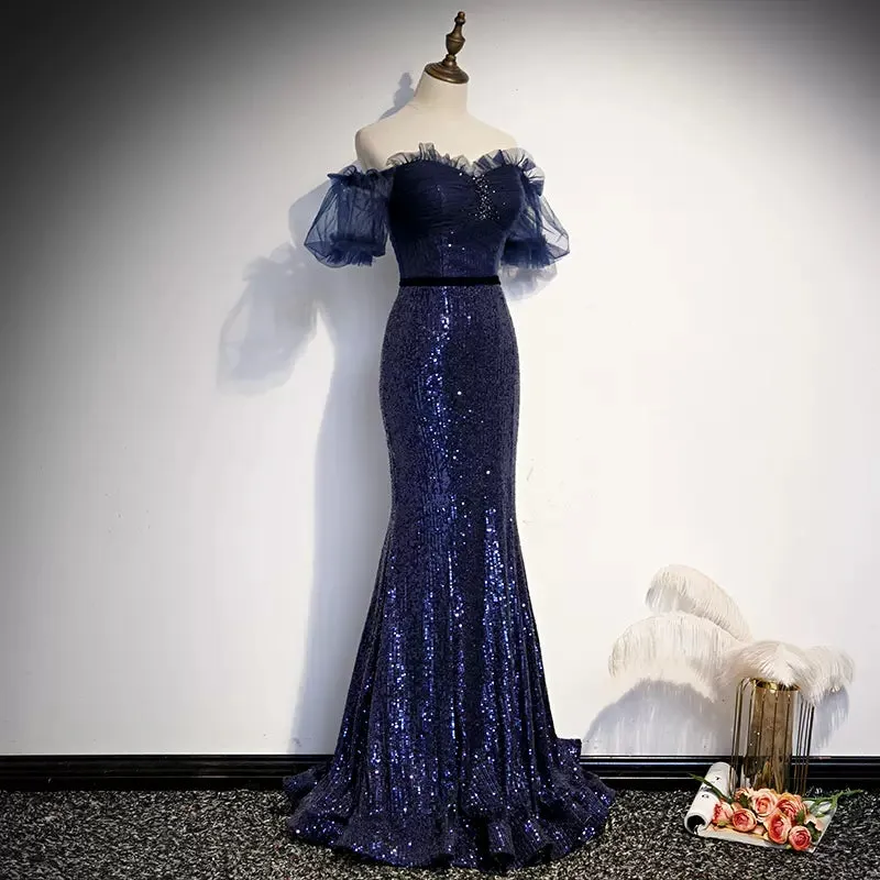 Mermaid Navy Blue Sequin Prom Dresses Sexy Evening Dress SH084