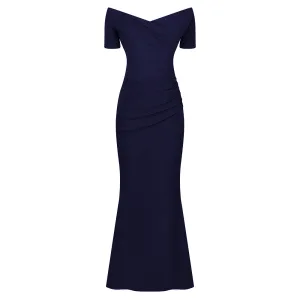 Navy Blue Bardot Capped Sleeve Maxi Dress