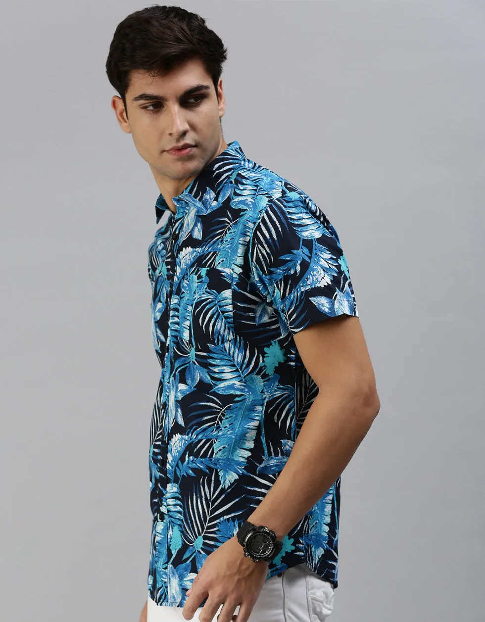 Navy  Floral Printed Casual Shirt