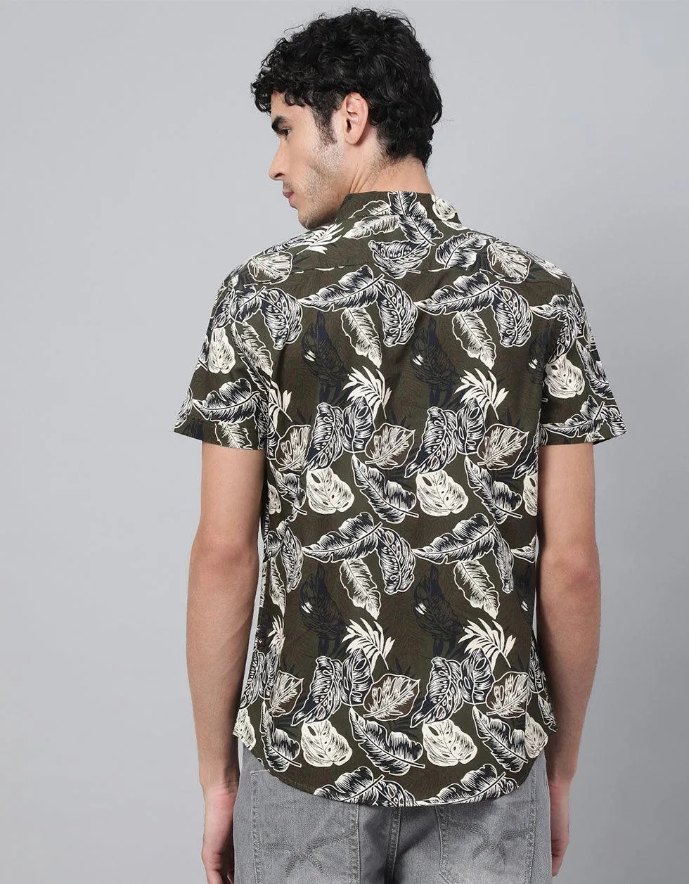 Olive Floral Printed Casual Shirt