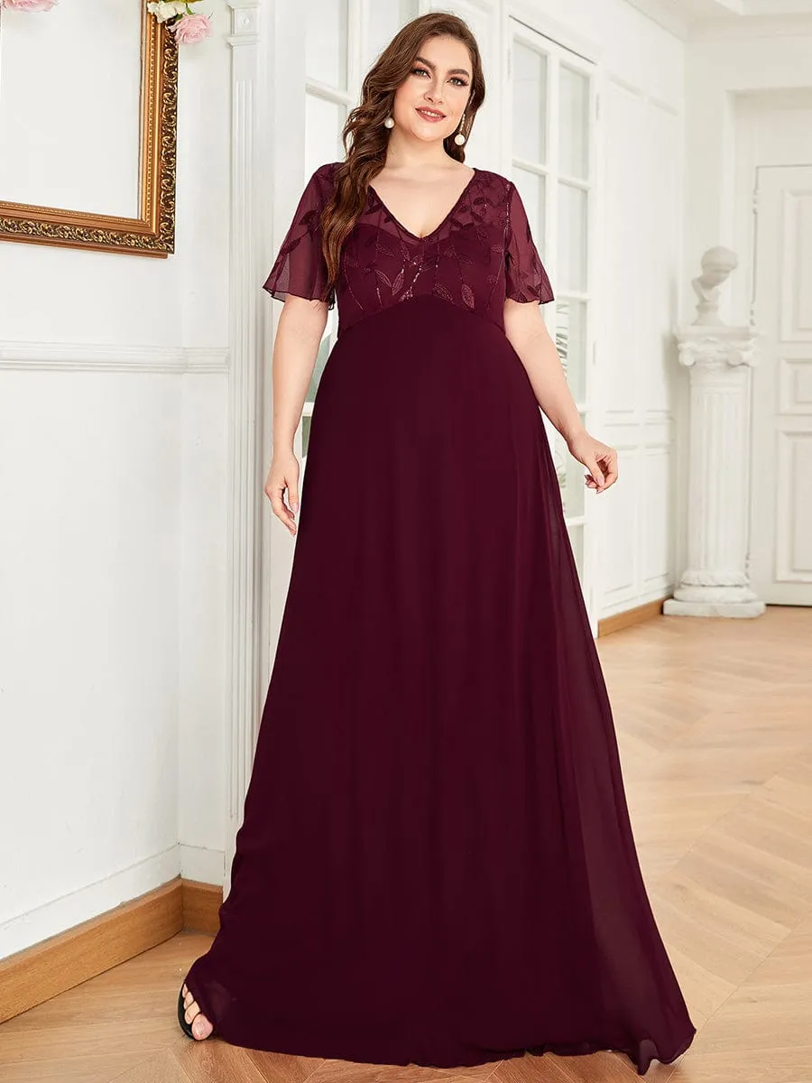 Plus Size V Neck Long Empire Formal Dresses with Sleeves