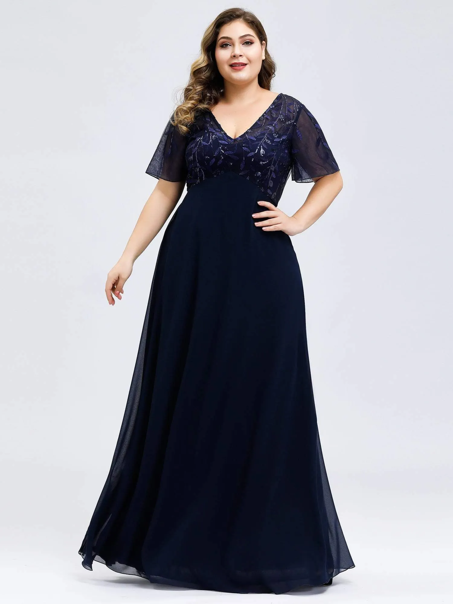 Plus Size V Neck Long Empire Formal Dresses with Sleeves