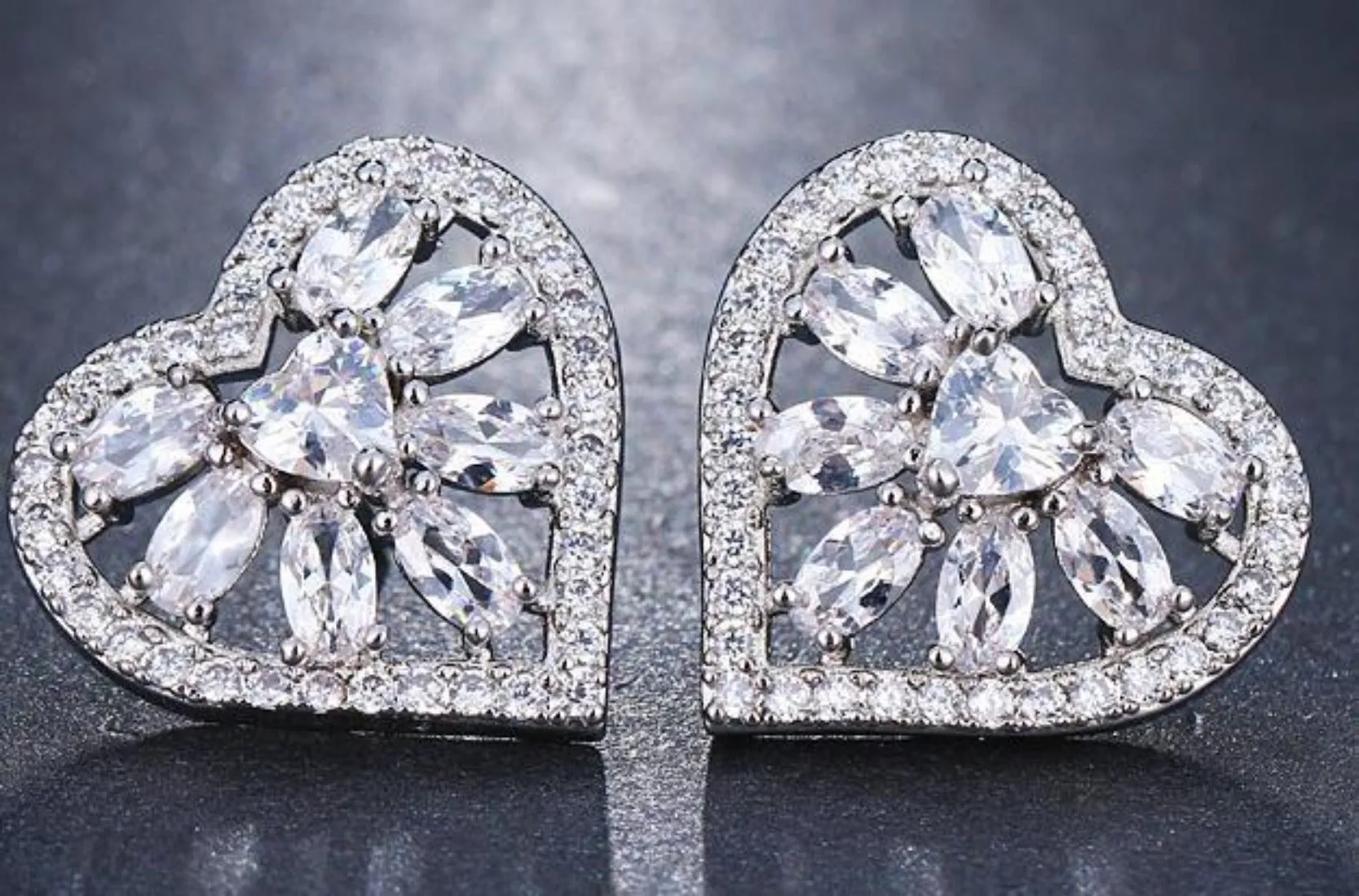 Romantic Heart Shape CZ Crystal Elegant Stud Earrings