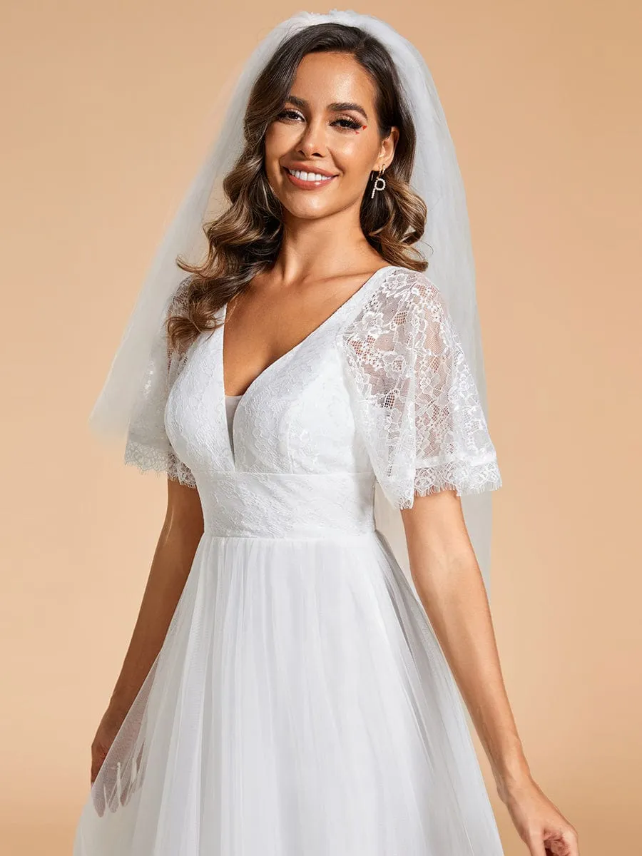 V-Neck Tulle Wedding Dresses with Lace Short Sleeves