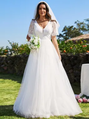 V-Neck Tulle Wedding Dresses with Lace Short Sleeves