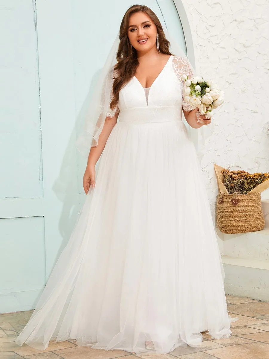 V-Neck Tulle Wedding Dresses with Lace Short Sleeves