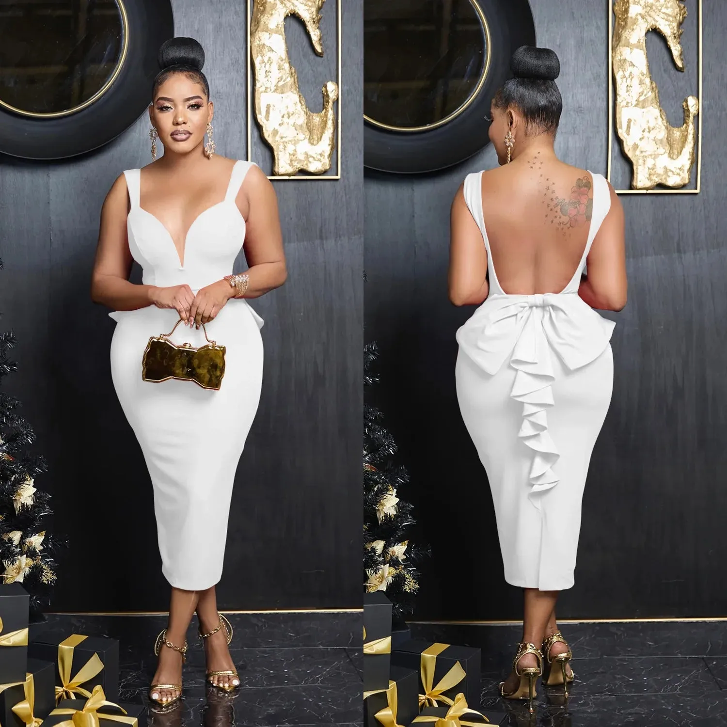 White Midi Dresses Summer Deep V Neck Bowtie Backless