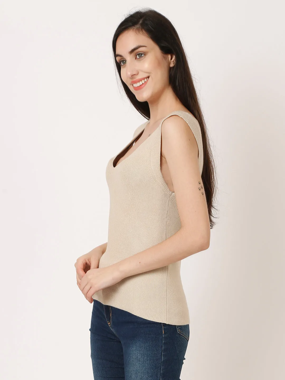 Women Beige Ribbed Top