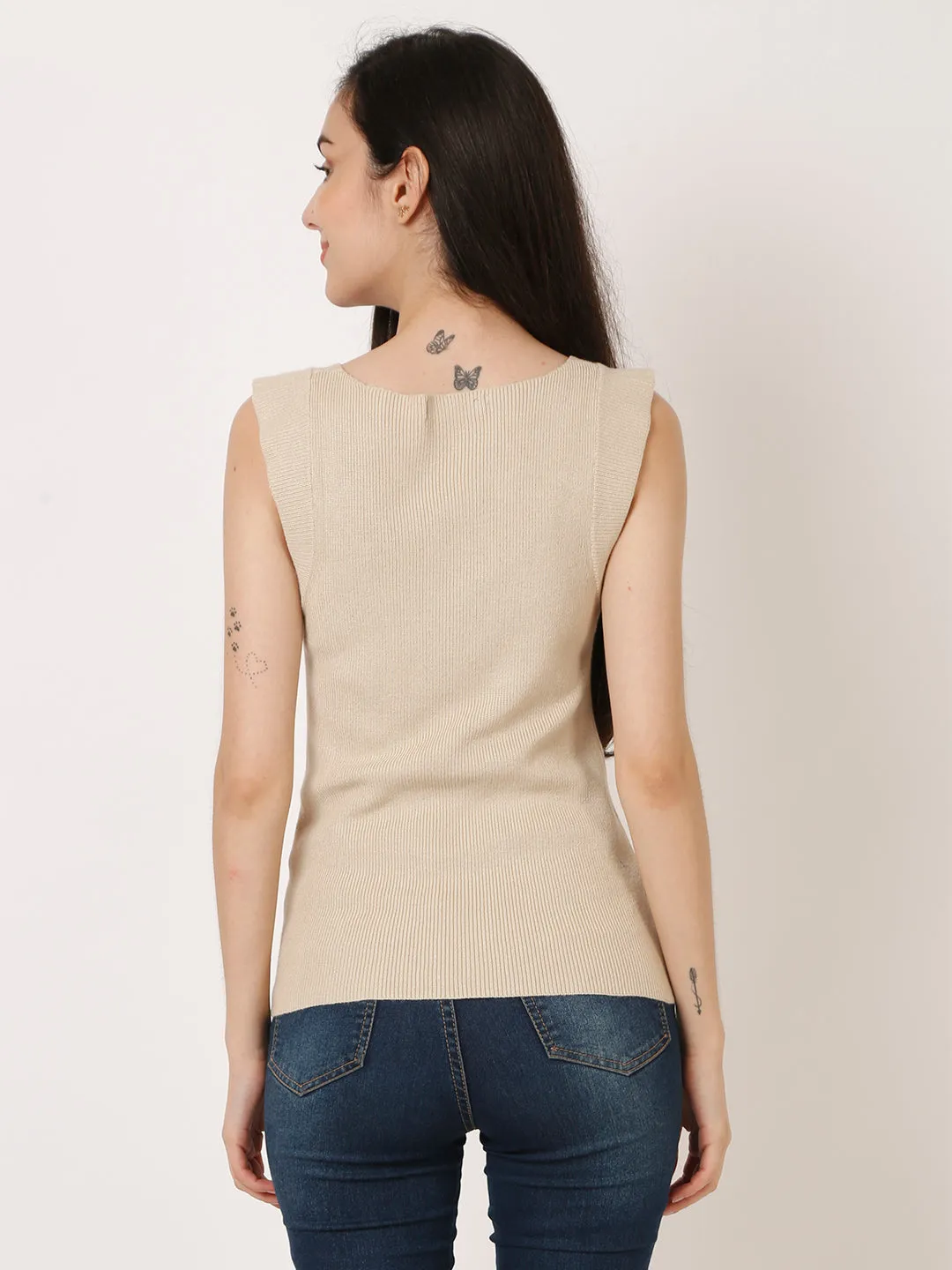 Women Beige Ribbed Top