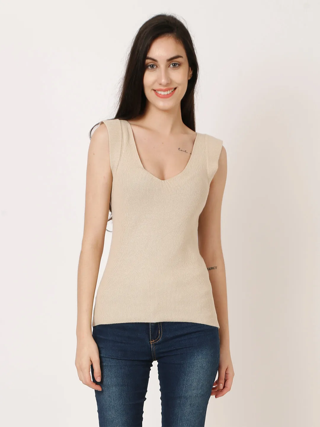 Women Beige Ribbed Top