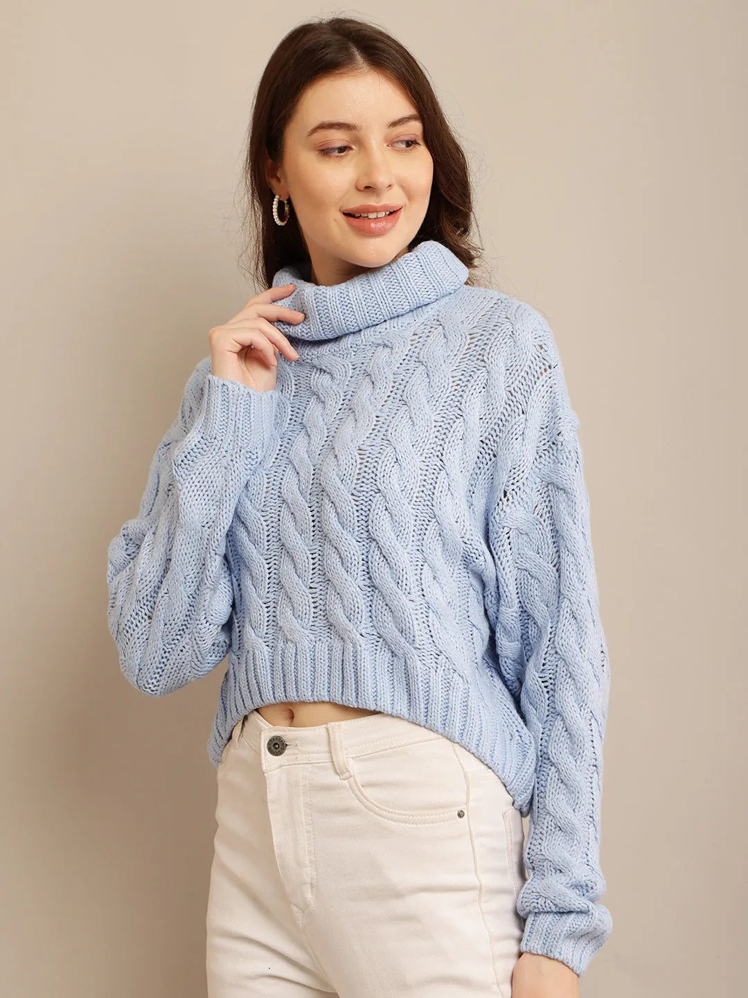 Women Blue Cable Knit Sweater