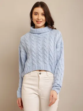 Women Blue Cable Knit Sweater