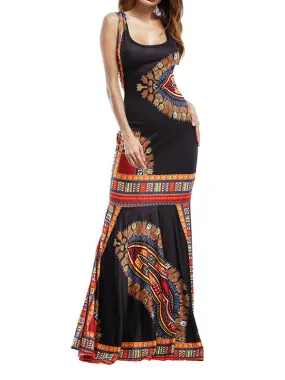 Women Sleeveless Print Beach Maxi Dress