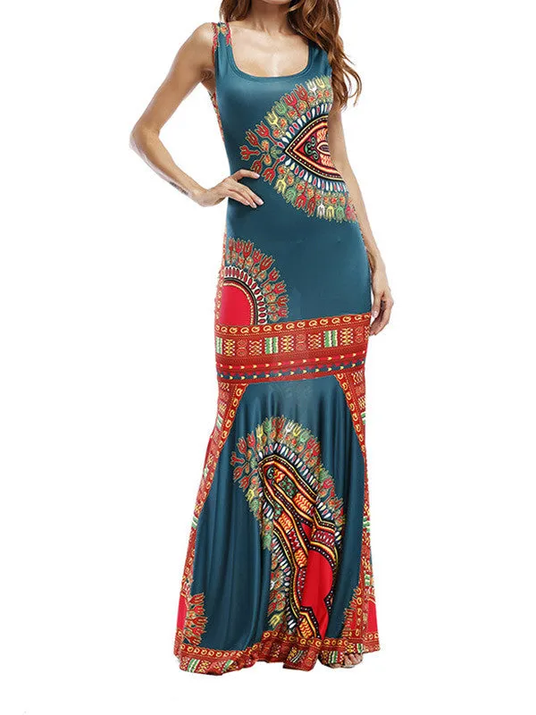 Women Sleeveless Print Beach Maxi Dress