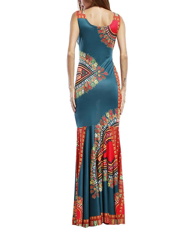 Women Sleeveless Print Beach Maxi Dress