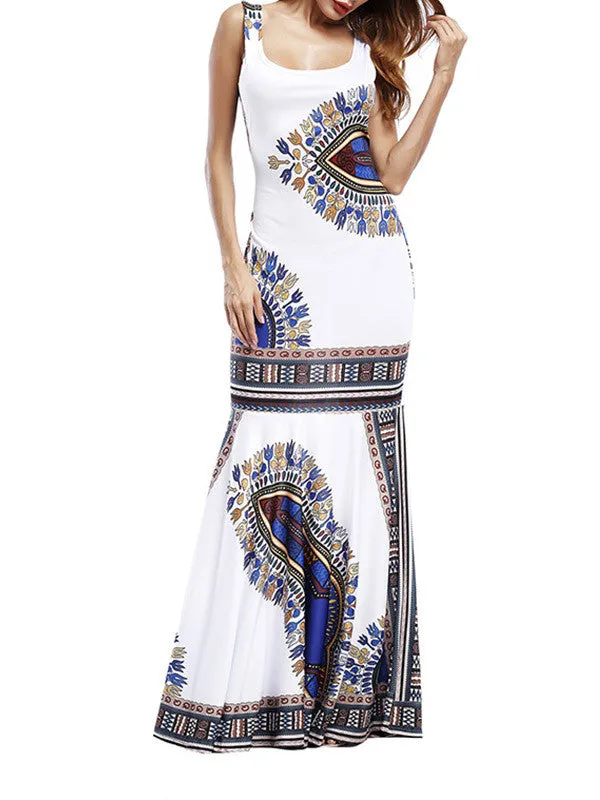 Women Sleeveless Print Beach Maxi Dress