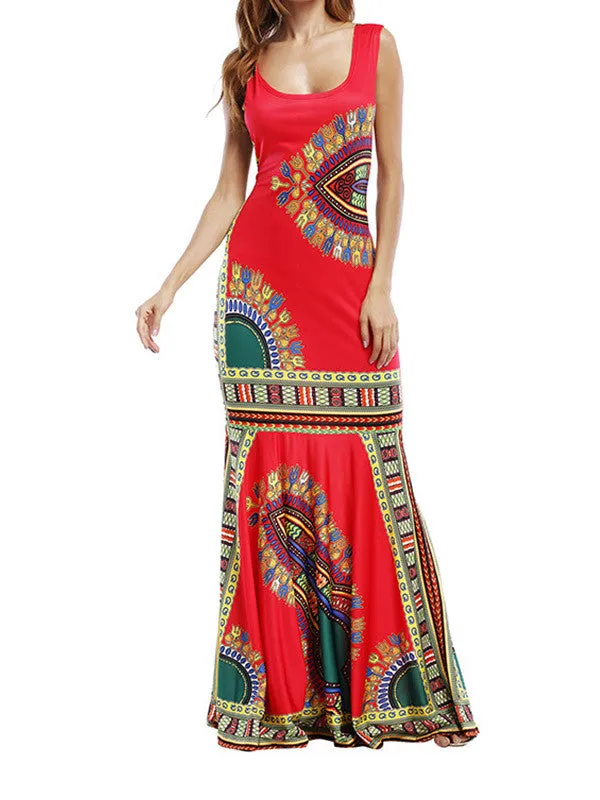 Women Sleeveless Print Beach Maxi Dress